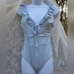 H&M Blue and White Striped Ruffle One-Piece Swimsuit